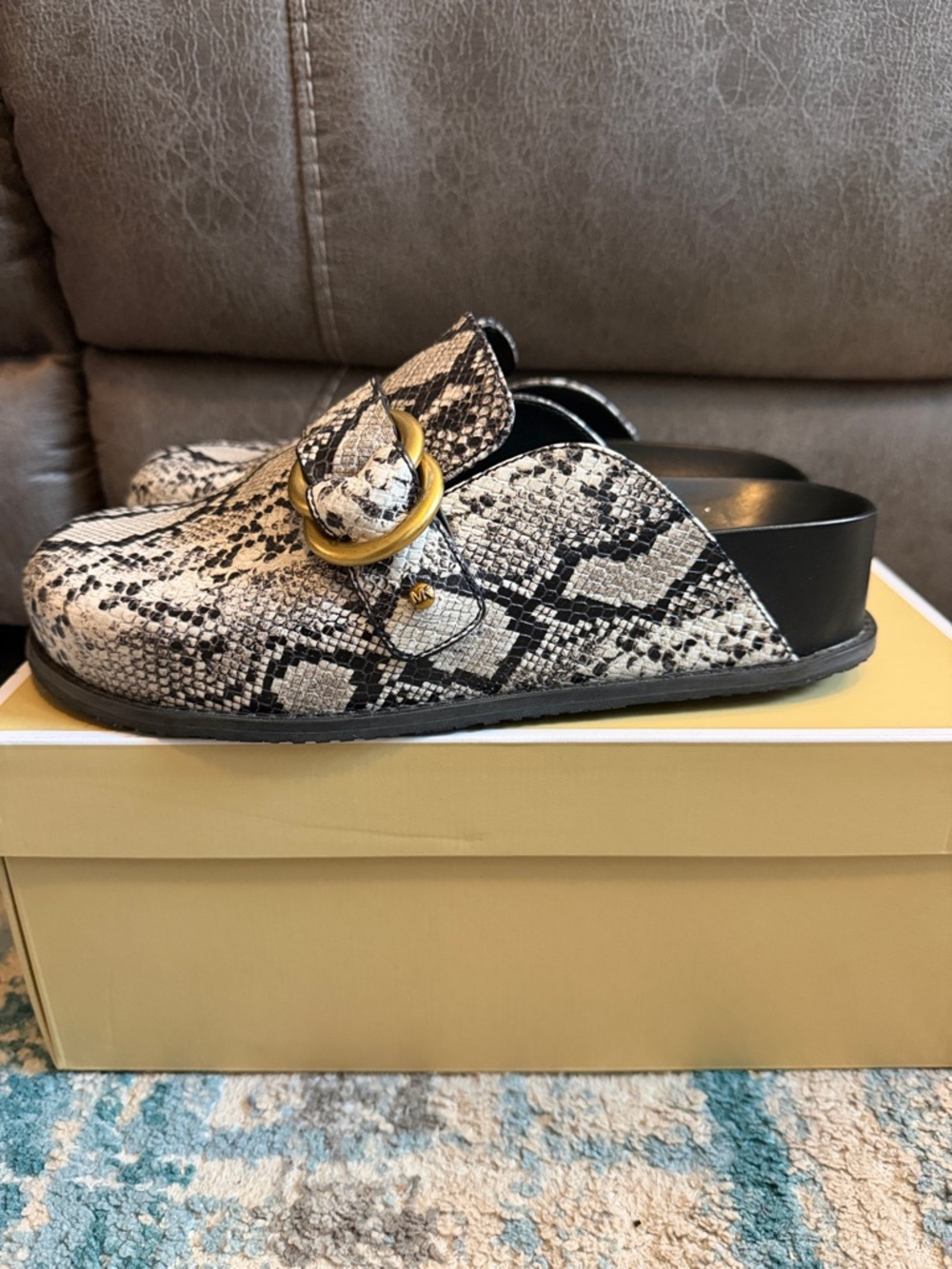 Michael Kors Jaden Clog Mules Snake Print leather with Gold Buckle - Picture 5 of 10